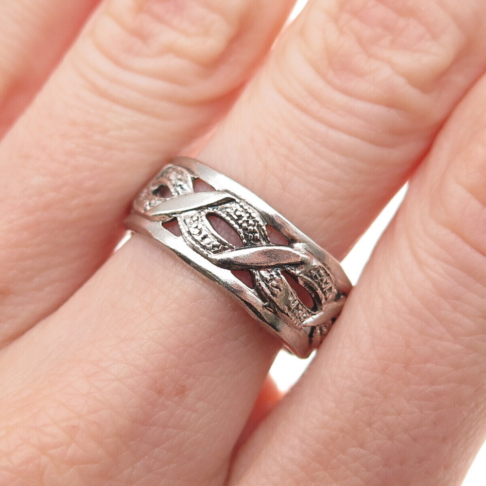925 Sterling Silver Antique Art Deco Woven Oxidized Band Ring Size 8.25